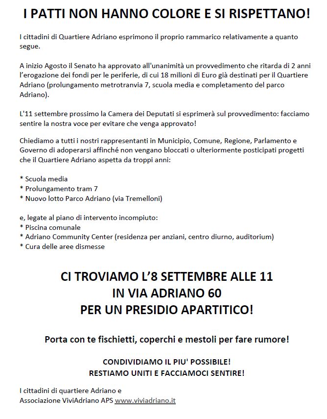 Presidio apartitico settembre 2018 locandina - Associazione ViviAdriano