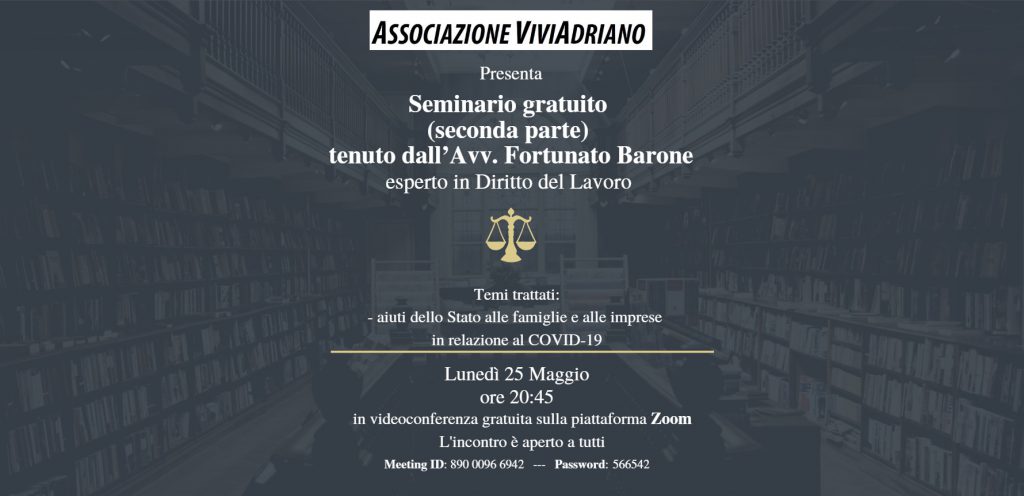 Seminario con Avvocato seconda parte 25 maggio 2020 locandina - Associazione ViviAdriano