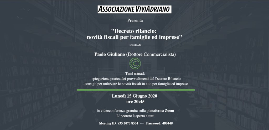Seminario con Commercialista 15 giugno 2020 locandina - Associazione ViviAdriano