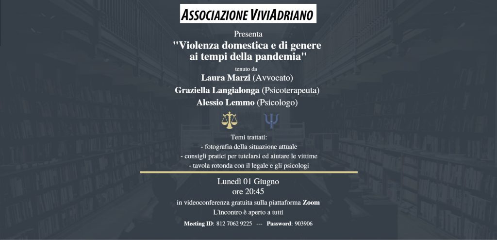 Seminario con tema violenza di genere 1 giugno 2020 locandina - Associazione ViviAdriano
